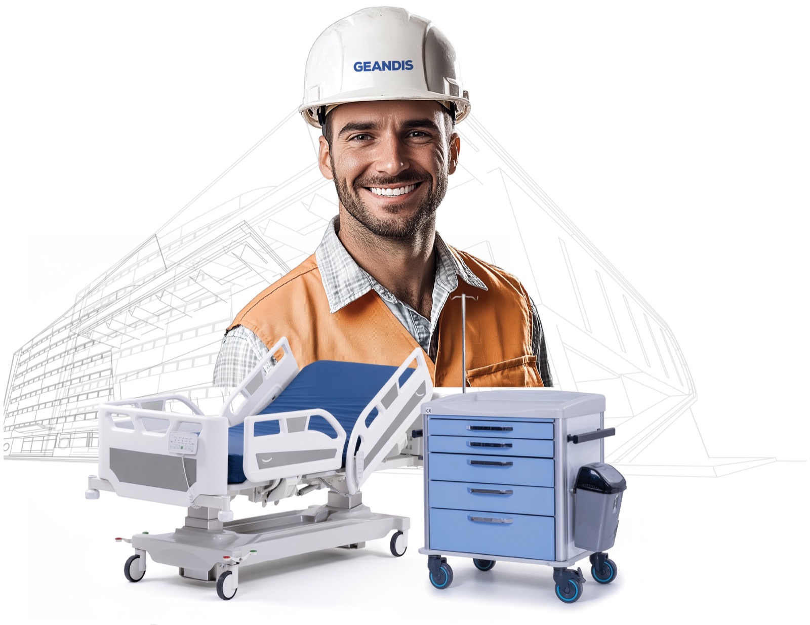 GEANDIS engineer with hospital bed and medical cart